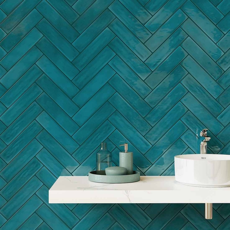 Subway Tile Herringbone Pattern, Glossy Undulating Peacock Teal