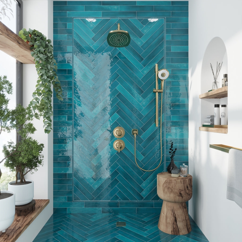 Subway Tile Herringbone Teal Glossy Gold Coastal Shower Modern Luxe