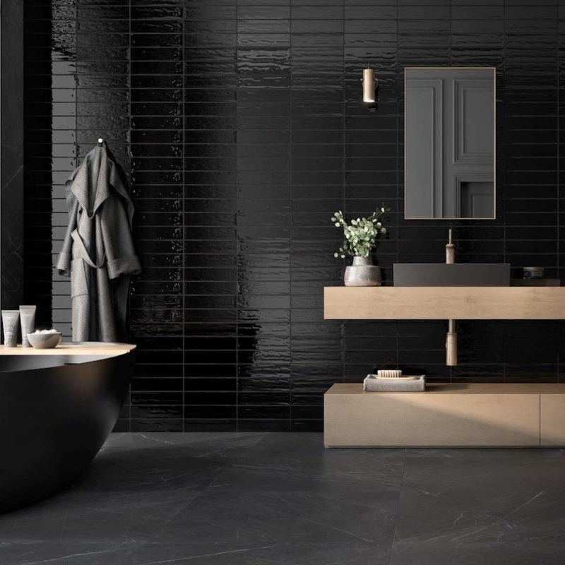 Subway Tile High Gloss Black Rippled Surface Moody Bathroom Wall