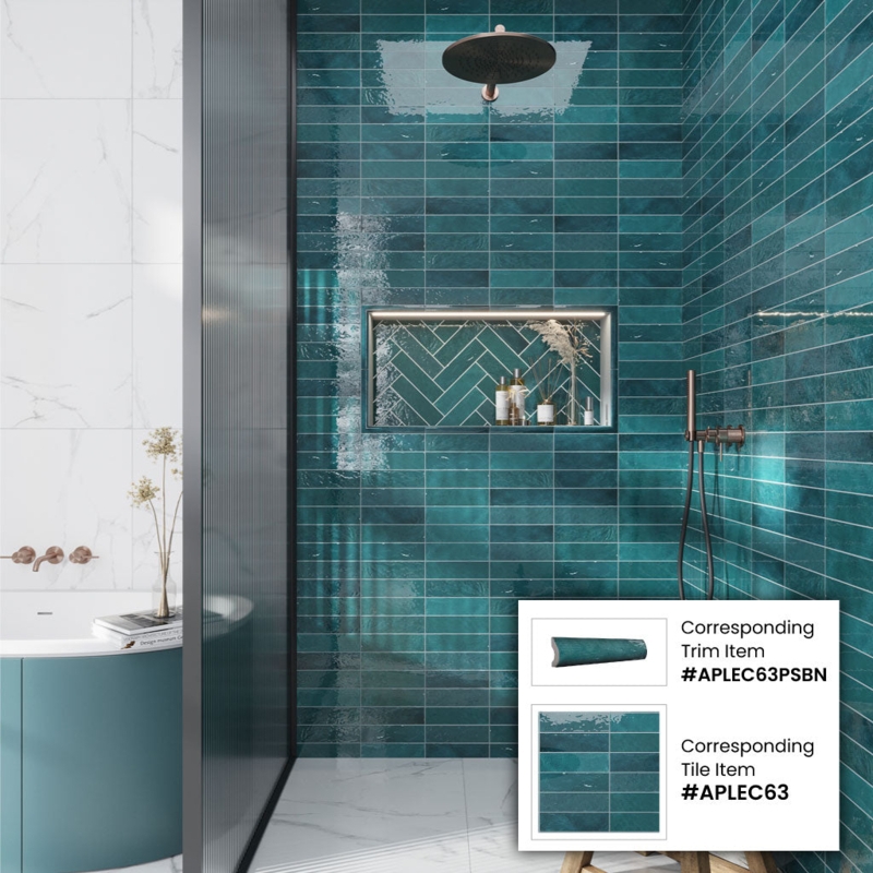 Subway Tile Polished Teal with Herringbone Niche, Modern Shower Design