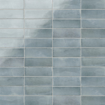 Subway Tile Rippled Texture Zellige Look Dusty Blue Glossy