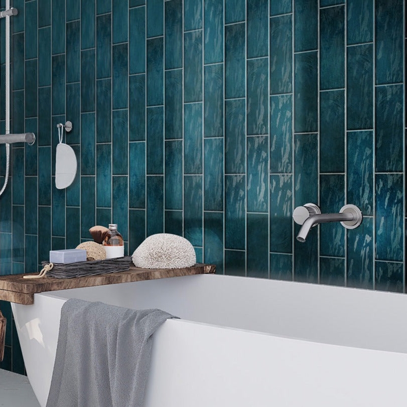 Subway Tile Vertical Stack Variegated Teal, Contemporary Spa Look