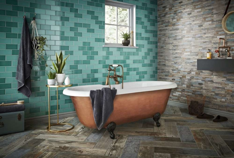 Subway Tile Vibrant Teal for Eclectic Bathroom, Copper Tub Accent