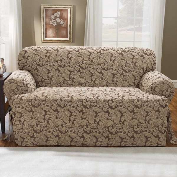 T-Cushion Sofa Slipcover Beige Brown Scroll Pattern Side Ties