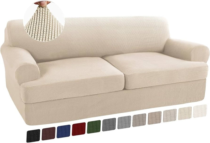 T-Cushion Sofa Slipcover Biscotti Beige Waffle Weave Stretch