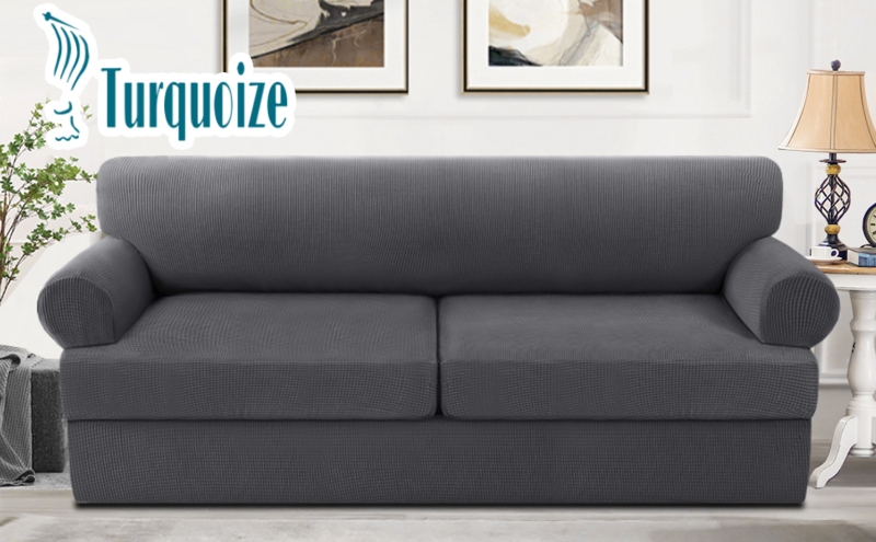 T-Cushion Sofa Slipcover Charcoal Gray Waffle Weave Transitional