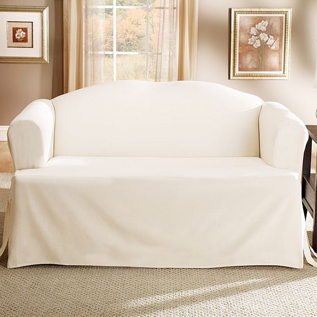 T-Cushion Sofa Slipcover Cream Side Ties Duck Cloth Traditional