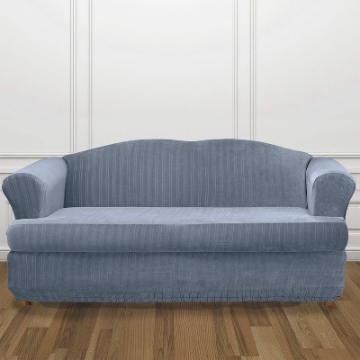 T-Cushion Sofa Slipcover French Blue Stripes Rolled Arms Coastal