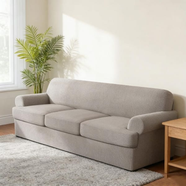 T-Cushion Sofa Slipcover Light Gray Ribbed Texture Rolled Arms