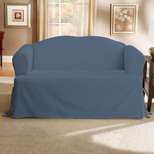 T-Cushion Sofa Slipcover Medium Blue Corner Ties Skirted Cottage