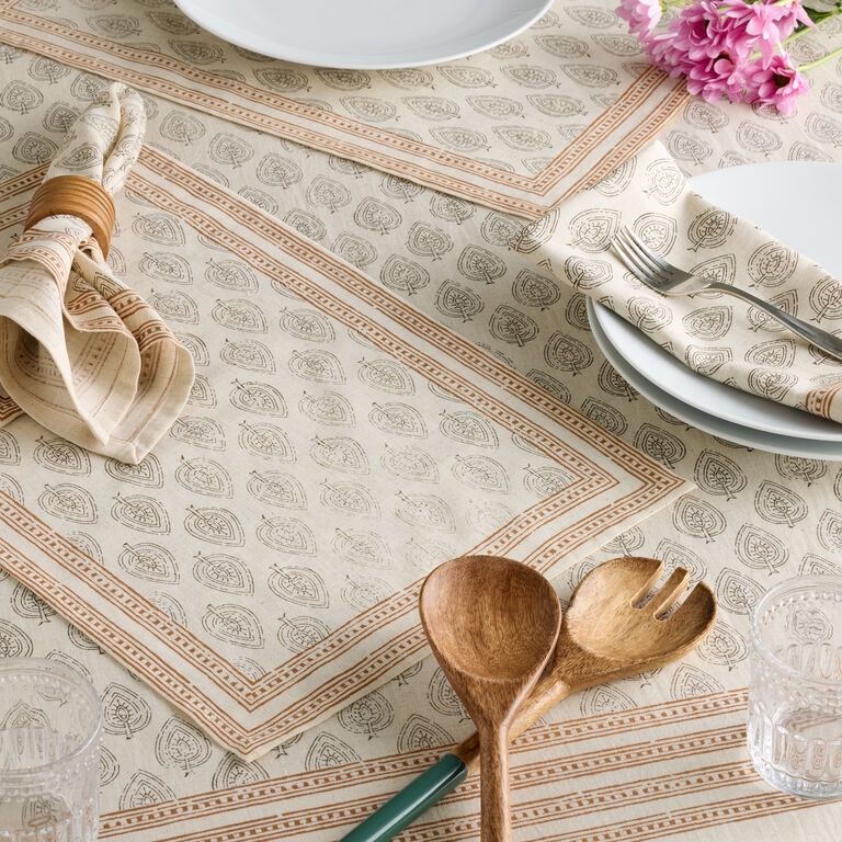 Table Linens Block Printed Leaf Motif Espresso Brown Bohemian Rustic Chic