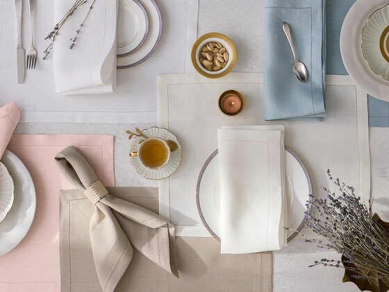 Table Linens Hemstitched Border Pastel Palette Flat Lay Styling Traditional
