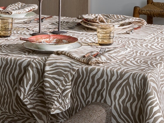 Table Linens Zebra Stripe Print Taupe And White Safari Chic Tablescape