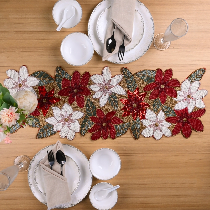 Table Runner Beaded Poinsettia Design, Festive Floral Tablescape