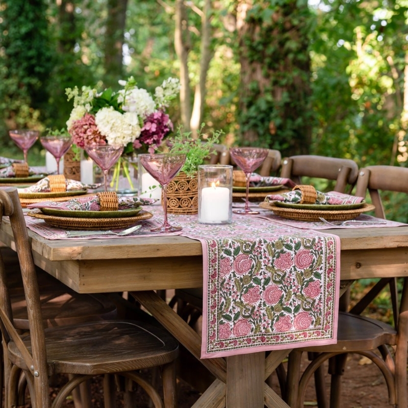 Table Runner, Bohemian Floral Moss and Mauve Print, Rattan Accents