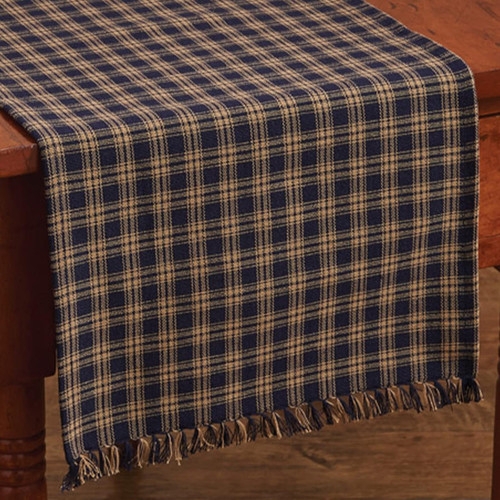 Table Runner Checkered With Fringe Fringed Edges Navy Plaid