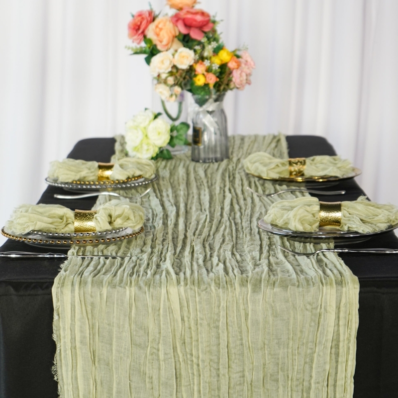 Table Runner Cheesecloth Sage Green Crinkled Texture Sheer Boho Chic