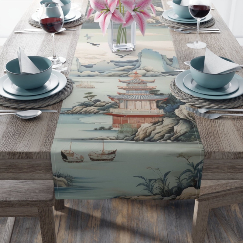 Table Runner Chinoiserie Landscape Pagoda Print Sage Green