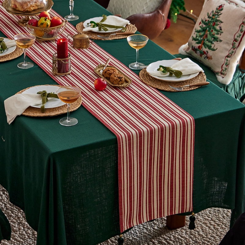 Table Runner Corner Tassels Red Cream Stripes Traditional