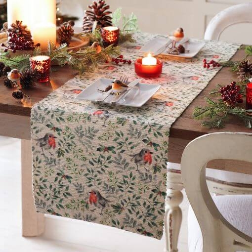 Table Runner Cream Festive Robin and Leaf Print Rustic Style