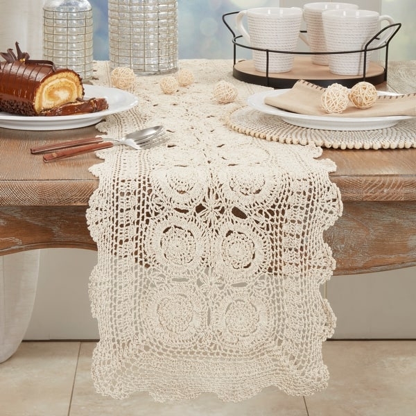 Table Runner Crochet Lace Scalloped Edges, Farmhouse Dining Table Decor