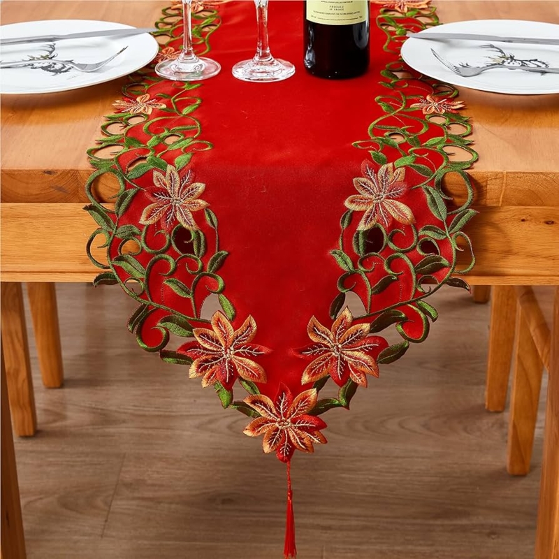 Table Runner Cutwork Detail Floral Poinsettia Tassel Accent