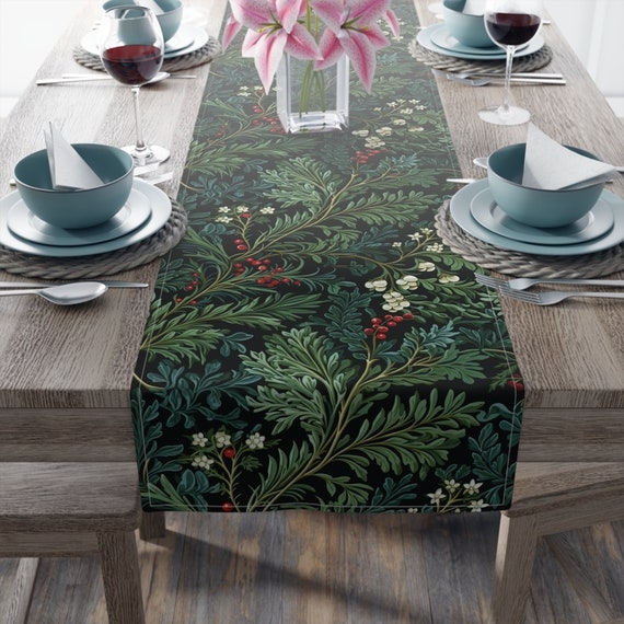 Table Runner Dark Ground Botanical Evergreen Pattern Christmas