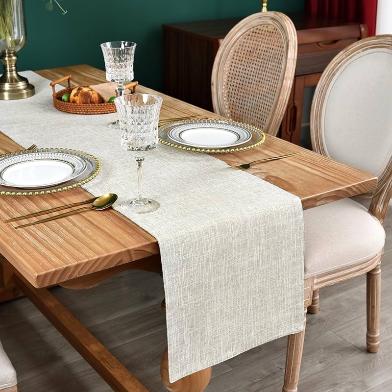 Table Runner Double Layered Beige Woven Fabric for Farmhouse Dining Decor