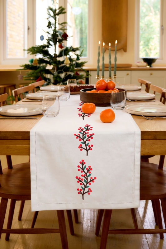 Table Runner Embroidered Berries White Linen Hemstitch Edge