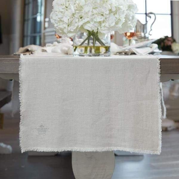 Table Runner Embroidered Crown Motif Cream Linen Like Fabric Frayed Edge