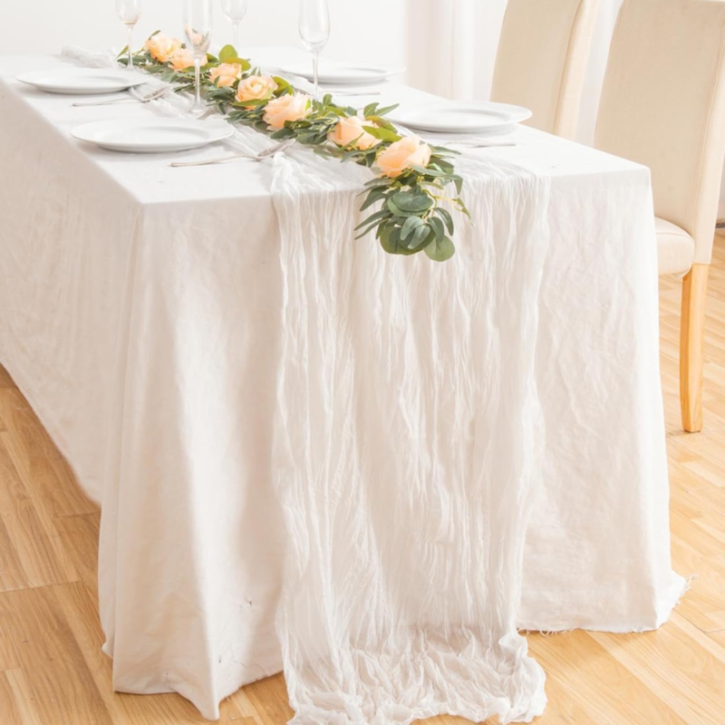 Table Runner Extra Long White Gauze Crinkled Texture for Boho Wedding