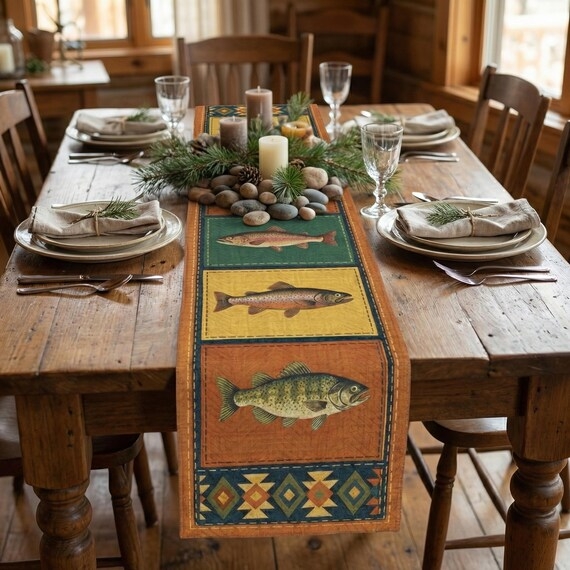 Table Runner Fish Motif Dining Patchwork Panels Earth Tone Palette