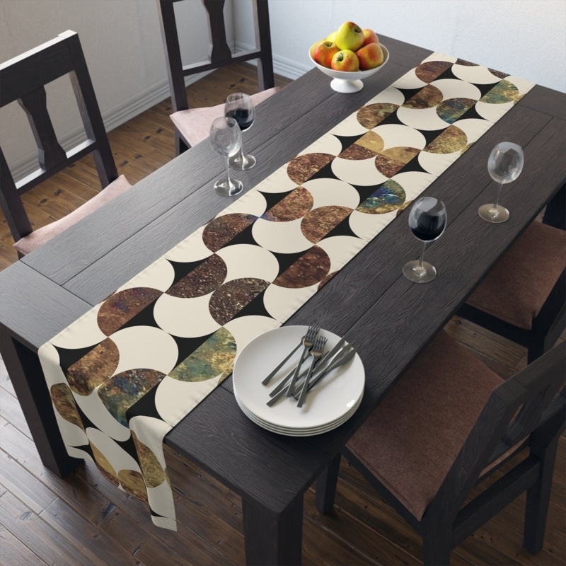 Table Runner Geometric Arc Pattern Mid Century Modern Brown Blue Beige