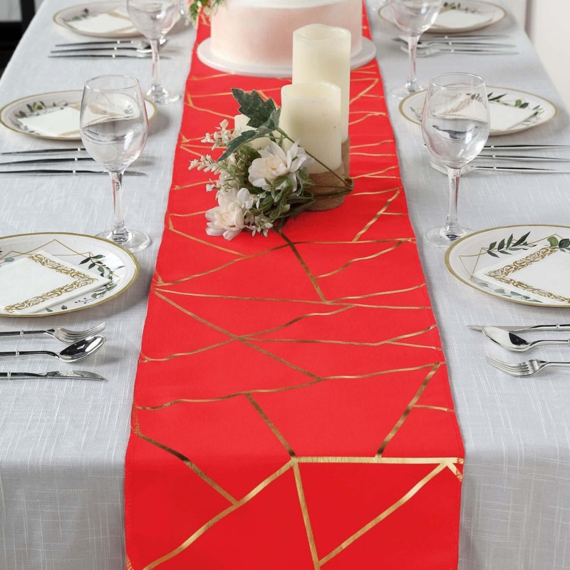 Table Runner Gold Foil Geometric Vibrant Red Fabric Modern Glam