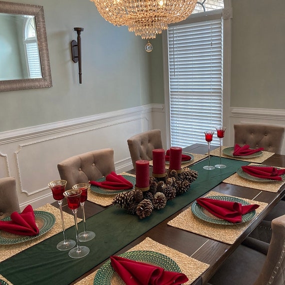 Table Runner Green Velvet Pinecone Candle Centerpiece