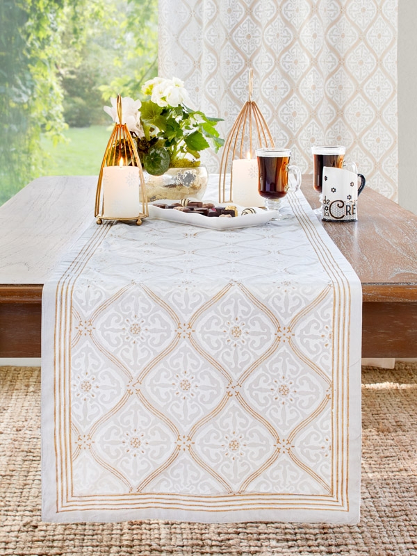 Table Runner Hand Block Print White and Gold Cotton Boho Dining Decor