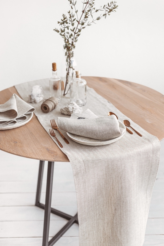 Table Runner Herringbone Weave Organic Linen Texture Extra Long Drape