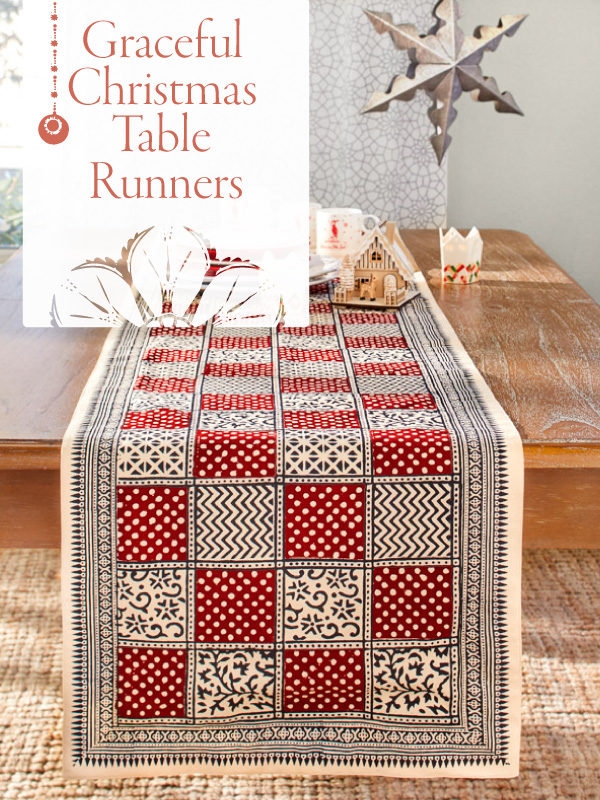 Table Runner Holiday Red Indigo Block Printed Patchwork