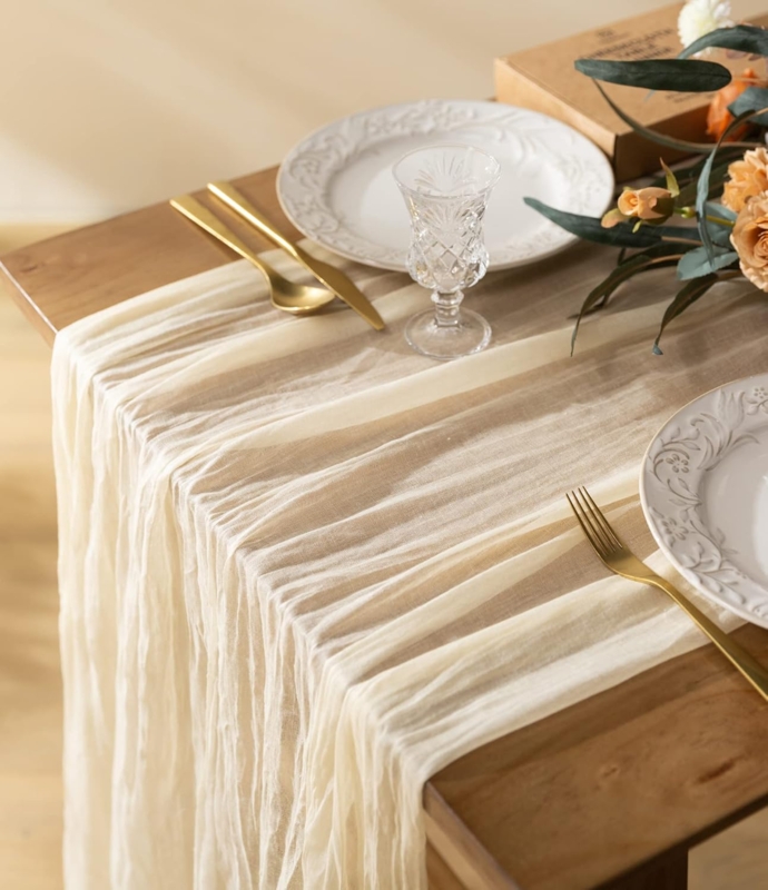 Table Runner Ivory Cheesecloth Texture Crinkled Fabric Boho Chic
