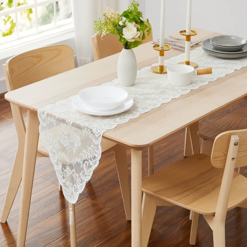 Table Runner Ivory Lace Fabric Scalloped Edge Tassel Fringe Vintage