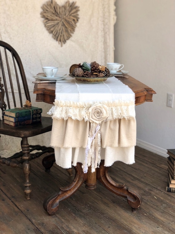 Table Runner Ivory Multi Tiered Ruffles Fabric Rose Shabby Chic