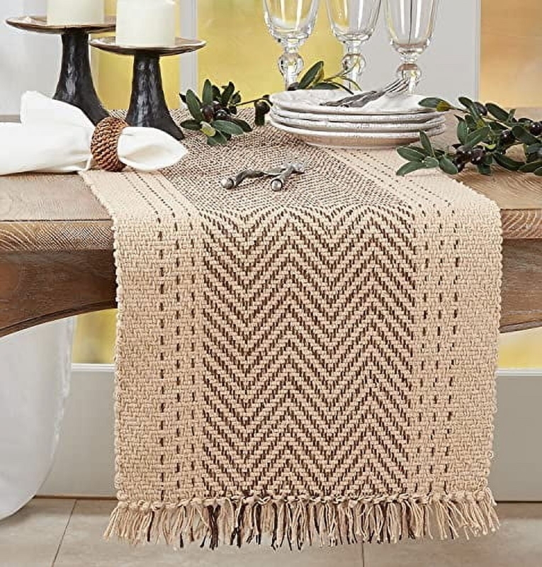 Table Runner Kantha Stitch Pattern Tasseled Fringe Boho Chevron Decor