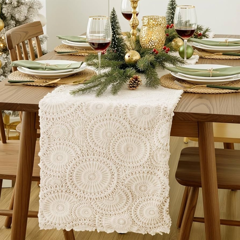 Table Runner Lace Like Texture Scalloped Edges Boho Floral