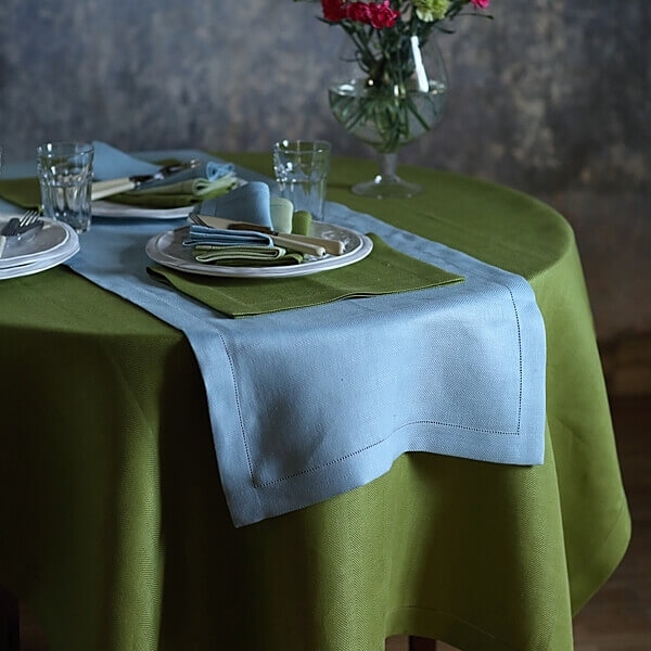 Table Runner Layered Linens Olive Green Sky Blue Hemstitched Edge Idea