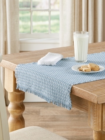 Table Runner Light Blue Woven Texture Fringed Edges Casual Cotton