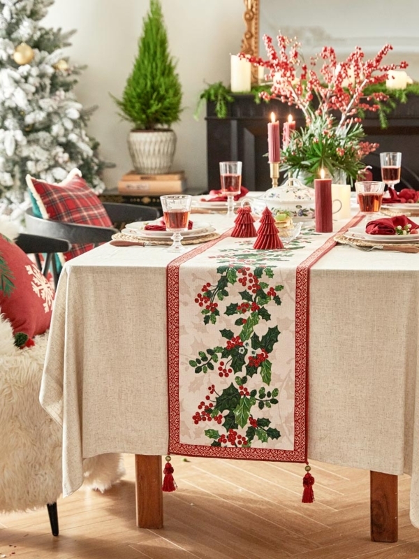 Table Runner Linen-Like Fabric Holly Berry Print Red Tassels