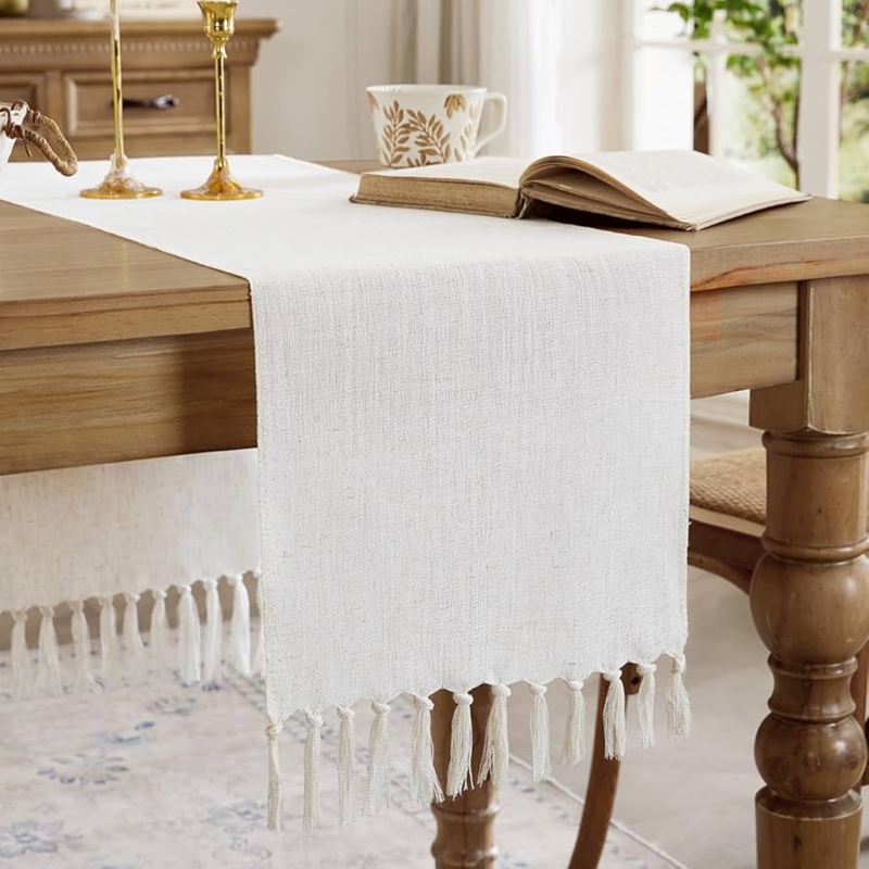 Table Runner Off White Woven Texture with Tassel Fringe Boho Farmhouse