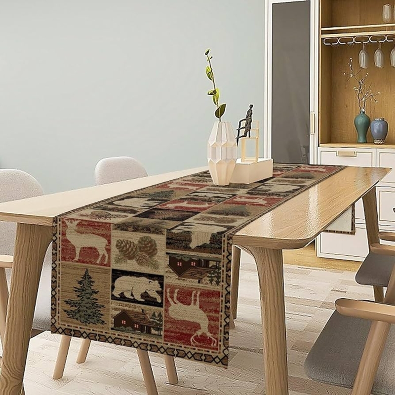 Table Runner Patchwork Design Cabin Motif Woodland Theme