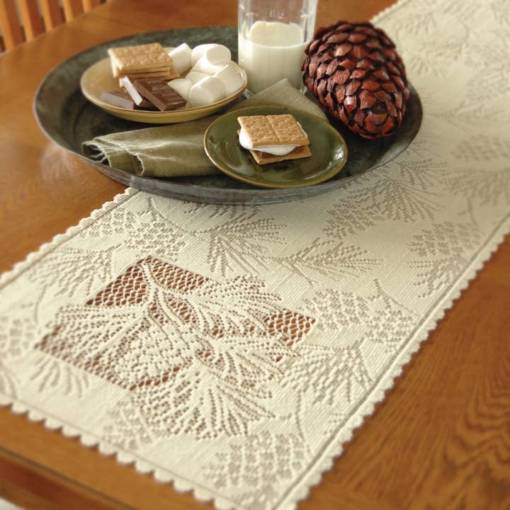 Table Runner Pinecone Motif Lace Scalloped Border Country Decor
