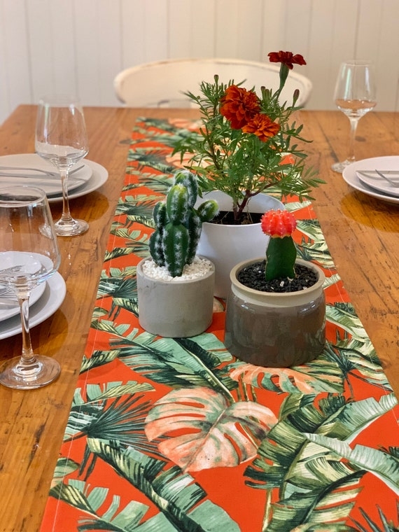 Table Runner Rectangular Bright Orange Oversized Palm Leaf Print